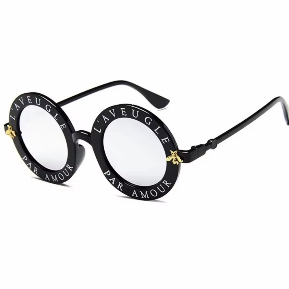 Black Round Sunglasses with Vintage Gold Bee Frame Silver Lens
